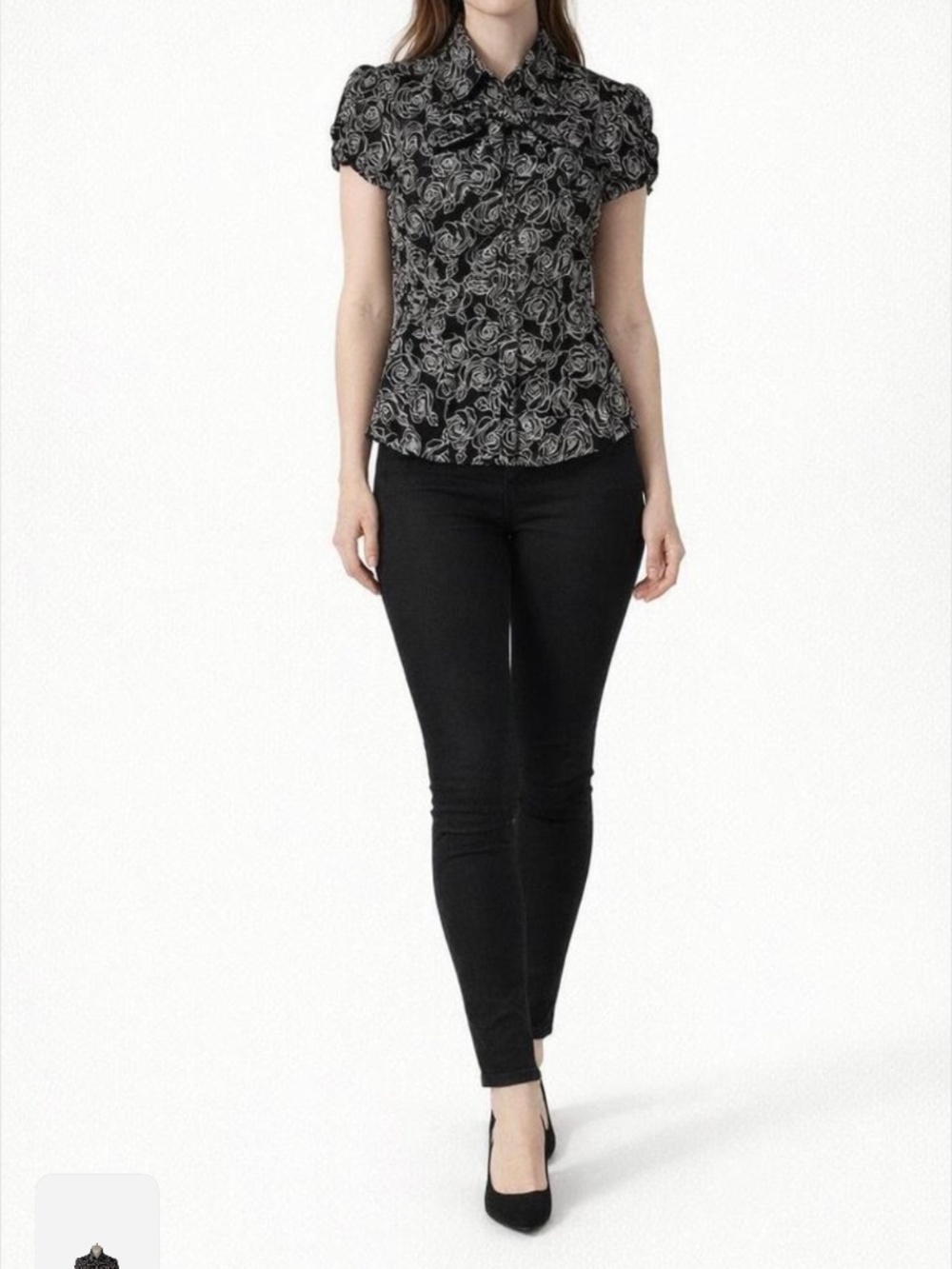 Black and White Embroidered Rose Short Sleeve Silk Blouse with Bow Tie